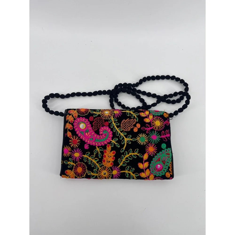 Boho 90's Embroidered Floral Paisley Velvet Clutch Bag with Pom Pom Strap Black